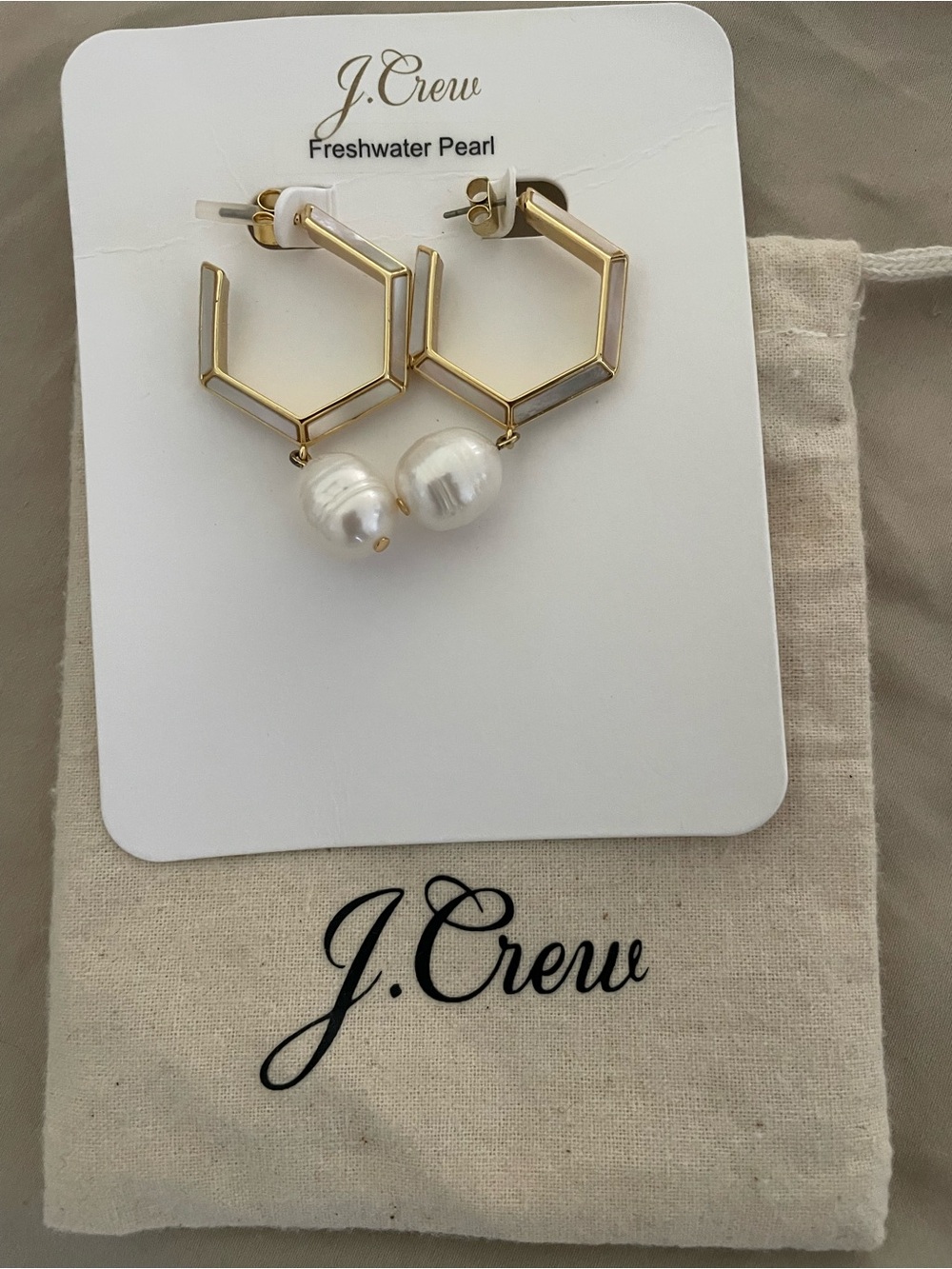 J. Crew Gold Hexagon Hoop Earrings with Freshwater Pearls
